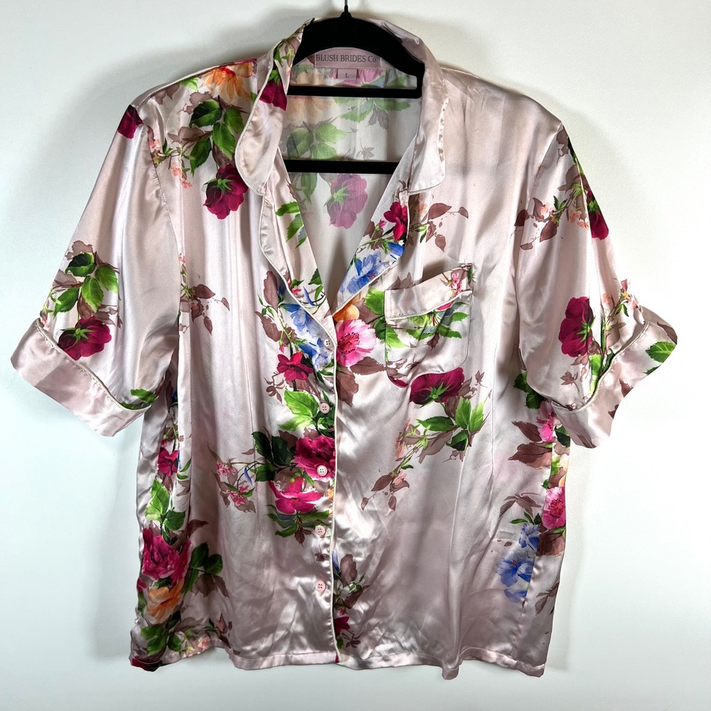 Blush Brides Co. Women's‎ Size L Floral Satin Pajama Top Short Sleeve Button Up